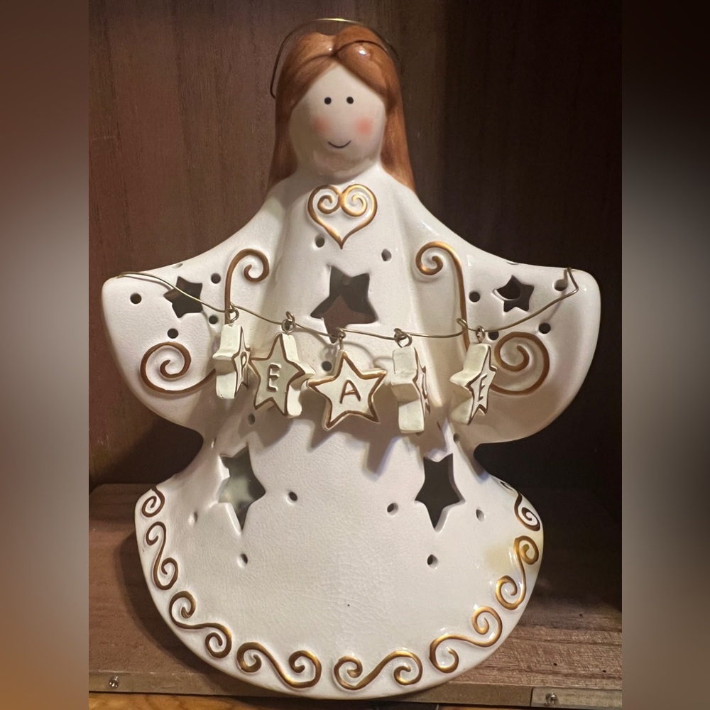 White and Gold Tea Light Holder with Peace Sign